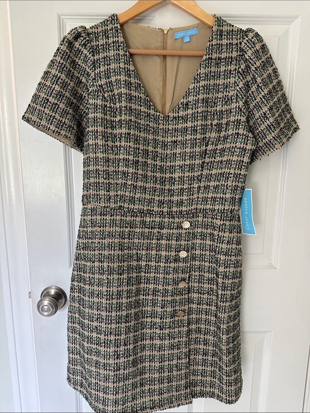 Draper James Green & Cream Plaid Tweed Short Sleeve Mini Dress Size 10